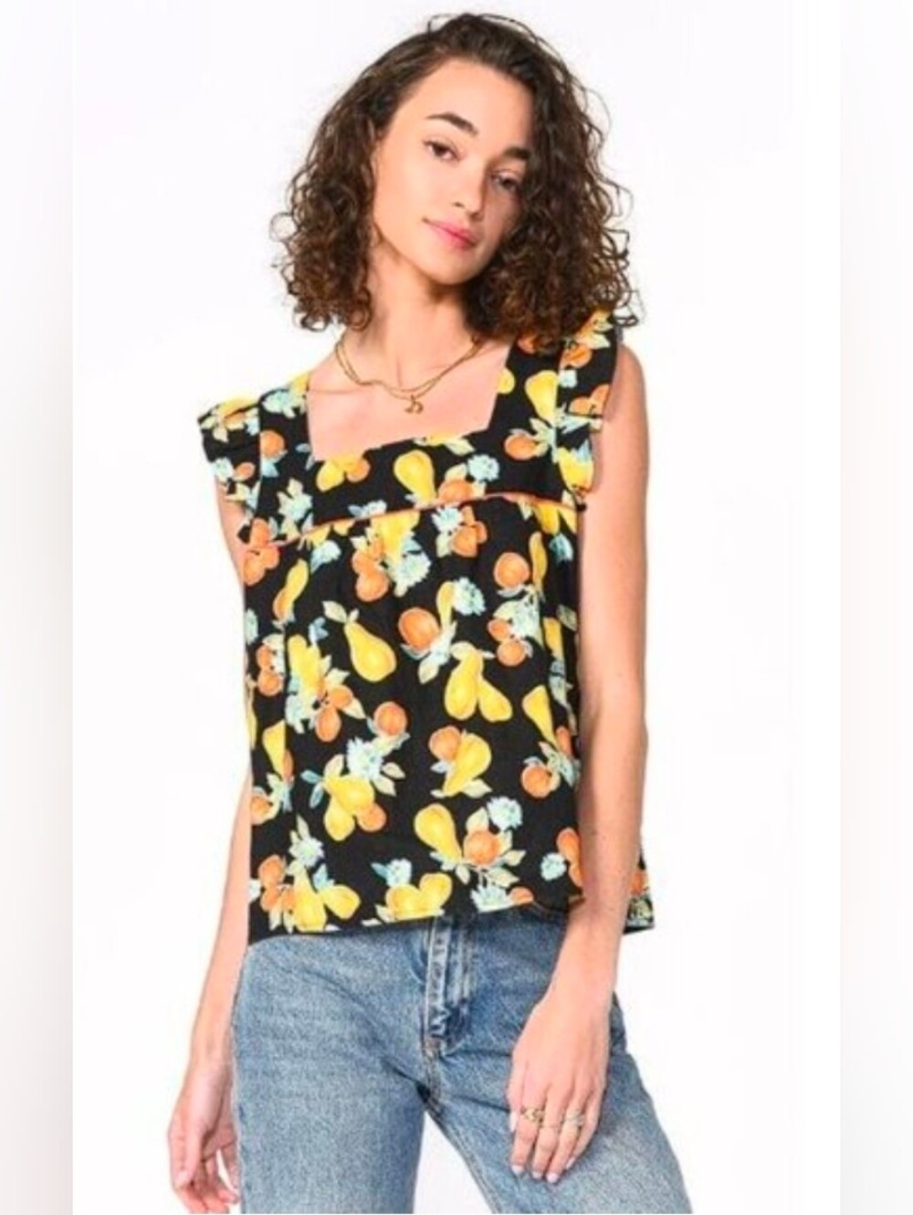 Greylin Gia Ecovero Fruit Tropics Square Neck Top Size S In Black